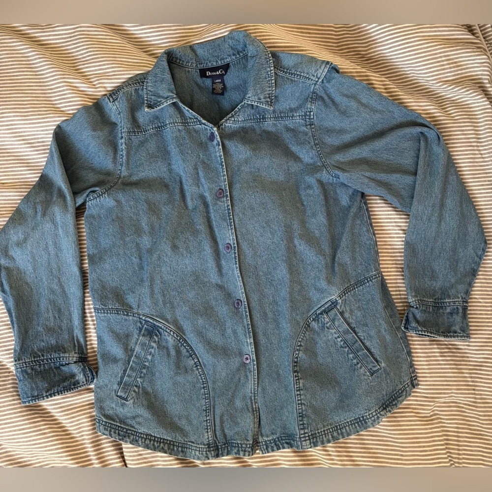 Denim&Co Women's Classic Blue Chore Barn Jacket w Embroidery, size Large